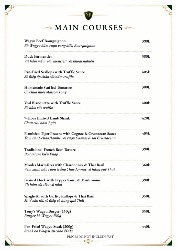 Maison Tony - Menu - Main Courses
